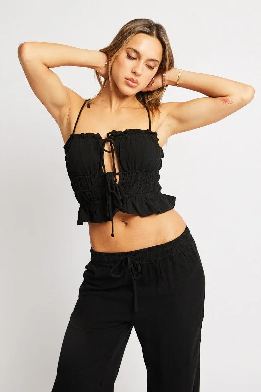 Black Cami Top Sleeveless Tie Front Linen Blend