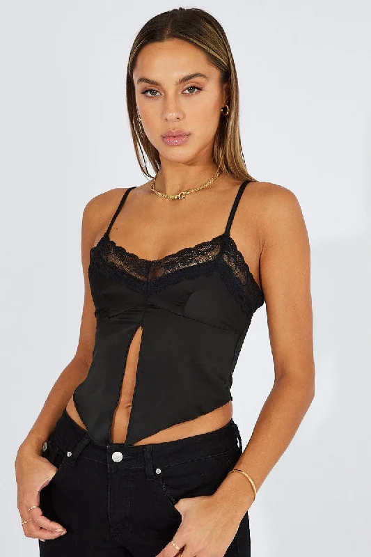 Black Satin Cami Lace Trim Neck