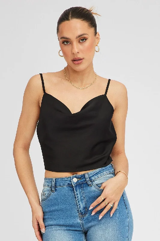 Black Satin Cami Sleeveless Cowl Neck