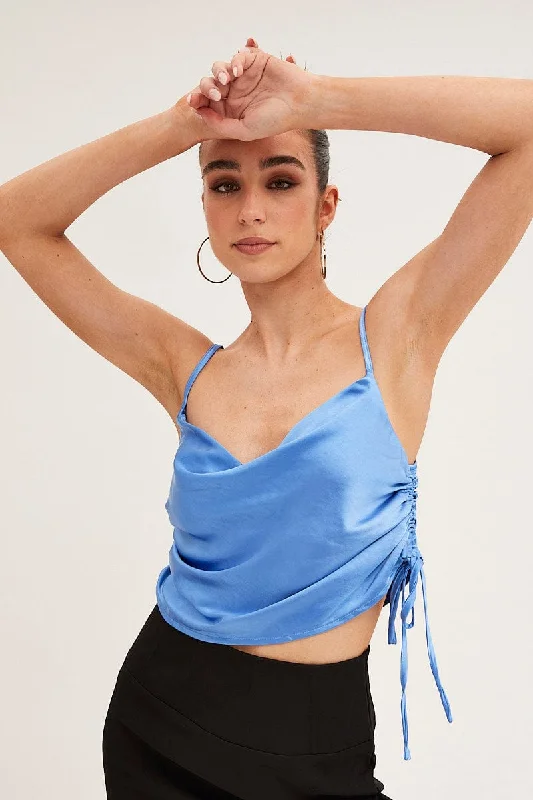 Blue Ruched Cami Top Sleeveless Cowl Neck