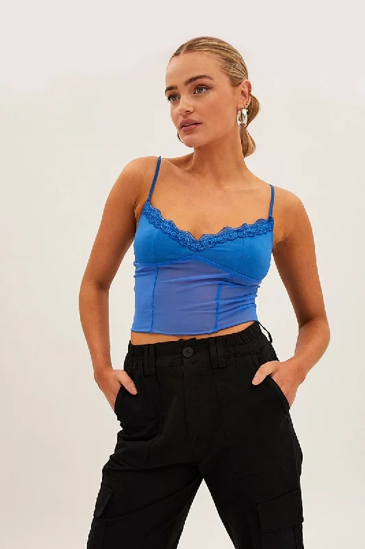 Blue Lace Trim Mesh Cami Top