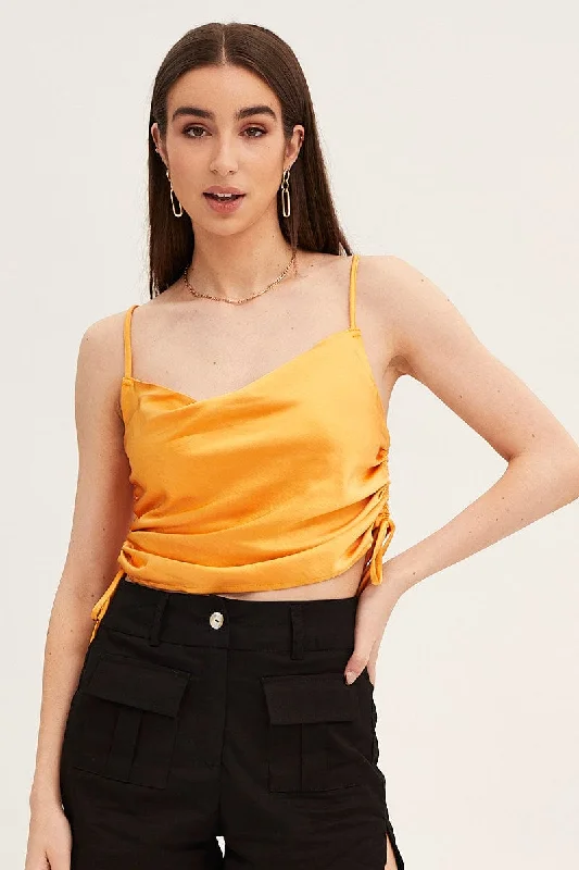 Orange Cami Top Sleeveless Cowl Neck Satin