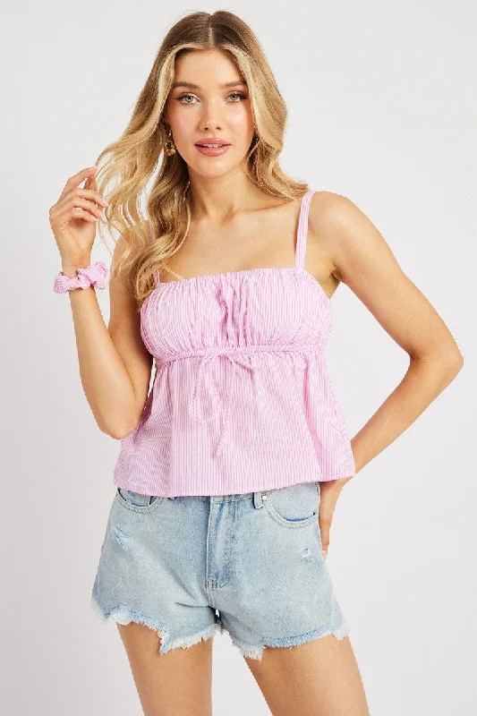 Pink Stripe Cami Top Sleeveless Gathered