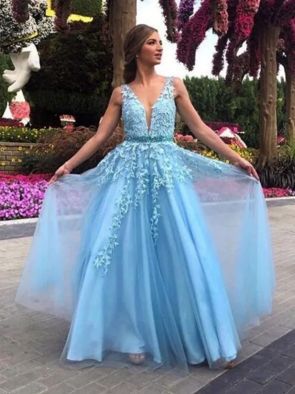 leather party dressesA Line V Neck Blue Lace Long Prom Dresses with Belt, Blue Lace Formal Graduation Evening Dresses SP2853