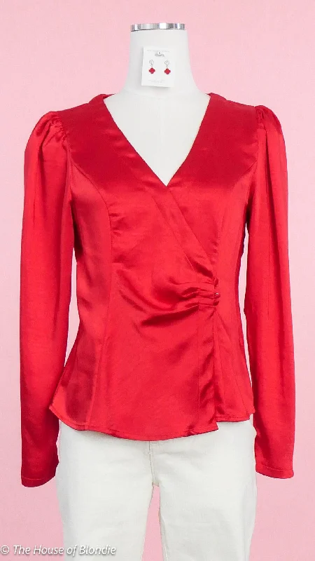 women's long sleeve tops with quilted designsRebecca Satin Red Wrap long Sleeve Top