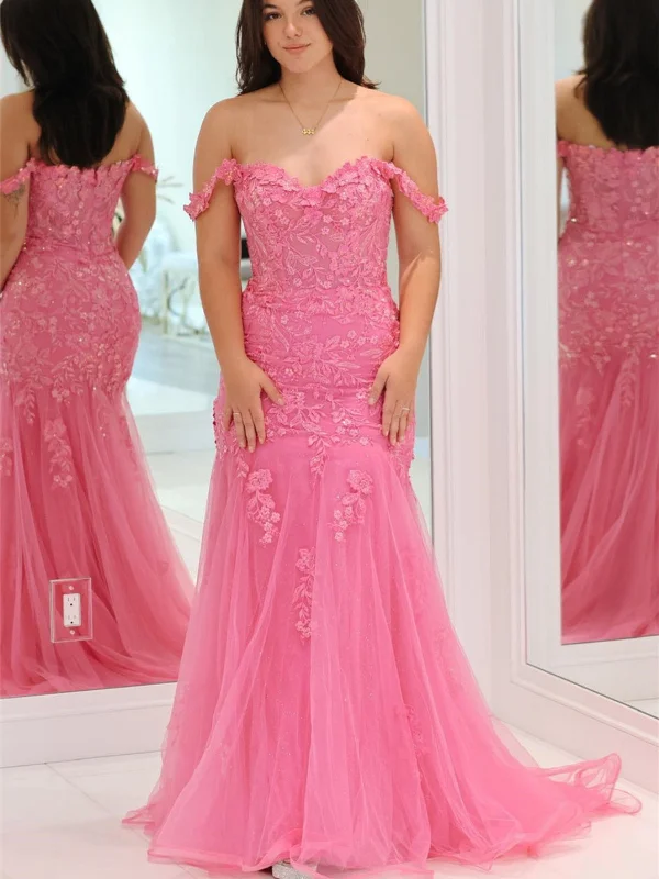 ball gown party dressesOff Shoulder Mermaid Pink Lace Long Prom Dresses with Appliques, Mermaid Pink Formal Dresses, Pink Lace Evening Dresses SP2850