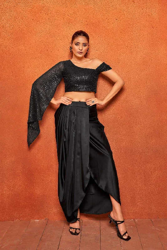 women's low-rise skirtsJet Black Drape Skirt & Sequin Crop Top Co-ord Set