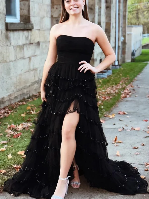 casual party dressesStrapless Black Lace Sequins Long Prom Dresses with High Slit, Black Lace Formal Graduation Evening Dresses SP2825