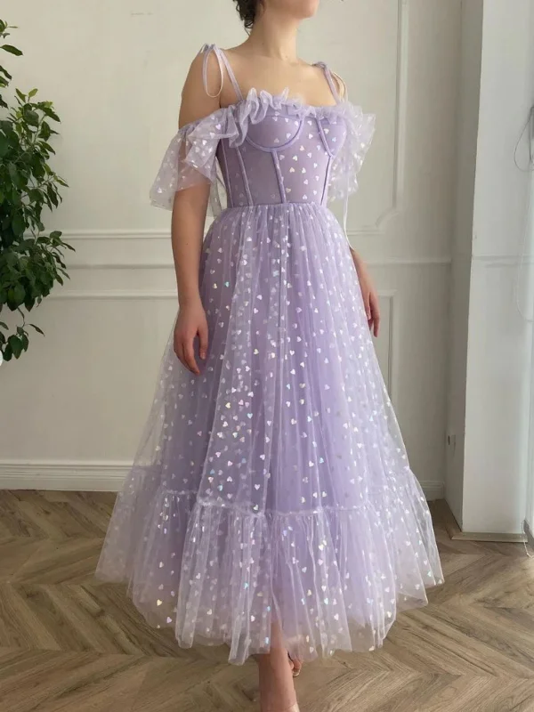 A-line party dressesOff the Shoulder Tea Length Purple Prom Dresses, Off Shoulder Purple Homecoming Dresses, Lilac Formal Evening Dresses SP2526