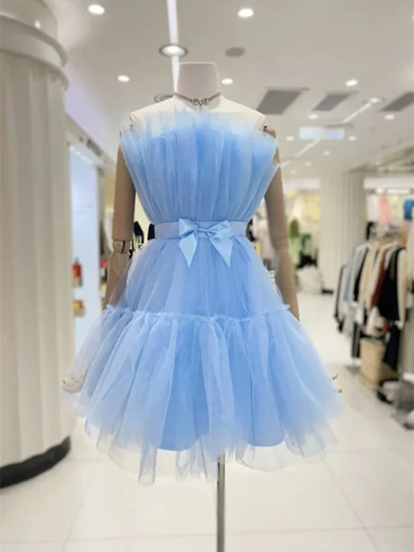 elegant party dressesLovely Short Blue/Burgundy Tulle Prom Homecoming Dresses with Bow, Blue/Burgundy Tulle Formal Graduation Evening Dresses SP2404