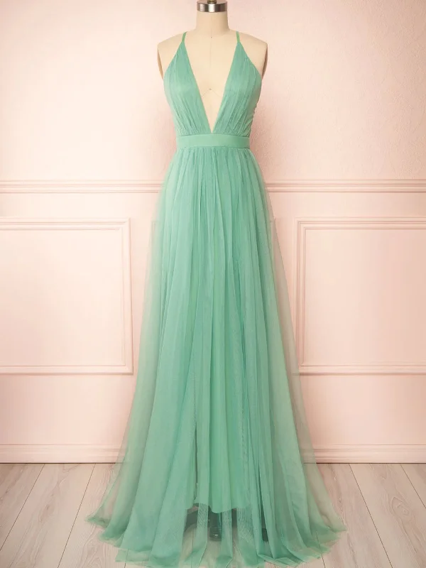 affordable party dressesA Line V Neck Open Back Sage Tulle Long Prom Dresses, Backless Sage Formal Graduation Evening Dresses SP2722