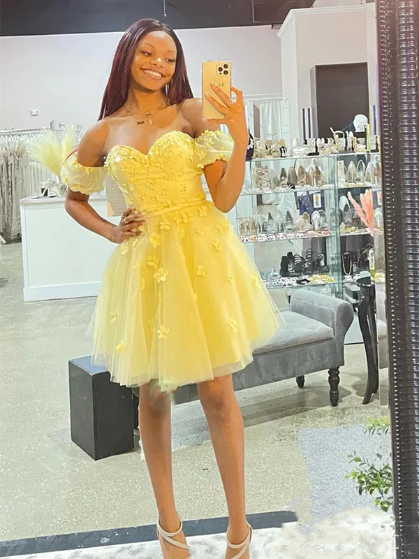 off-the-shoulder party dressesOff Shoulder Yellow Lace Floral Prom Dresses, Yellow Lace Homecoming Dresses, Short Yellow Formal Evening Dresses SP2448