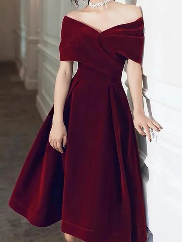 empire waist party dressesOff Shoulder Green/Burgundy Velvet Short Prom Homecoming Dresses, Green/Burgundy Velvet Formal Graduation Evening Dresses SP2186