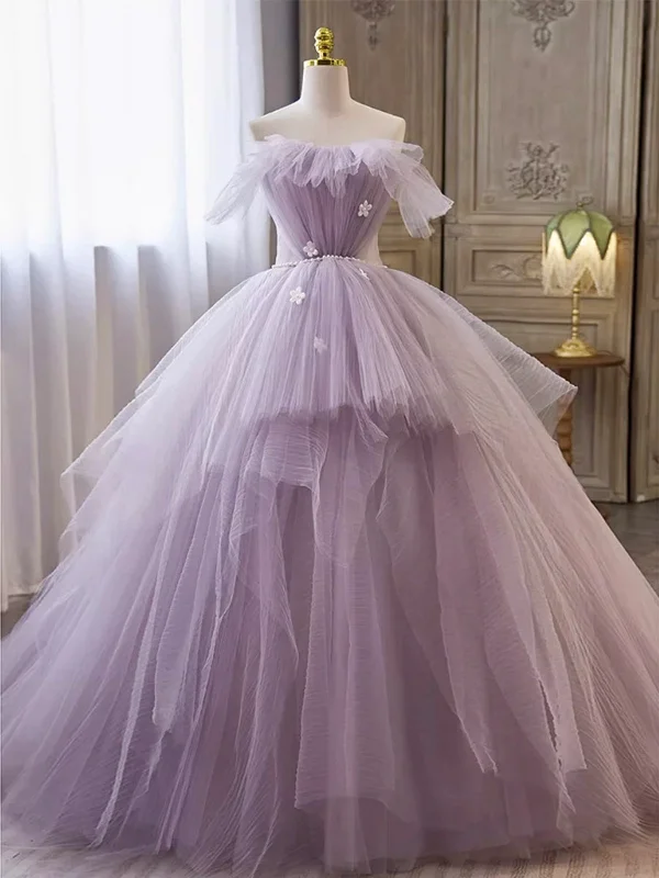 chic party dressesStrapless Lilac Tulle Long Prom Dresses with Pearls Belt, Lilac Formal Evening Dresses, Lilac Ball Gown with Appliques SP2810