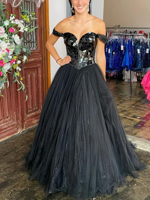 animal print party dressesOff Shoulder Black Sequins Long Prom Dresses, Off the Shoulder Formal Dresses, Black Tulle Evening Dresses SP2769