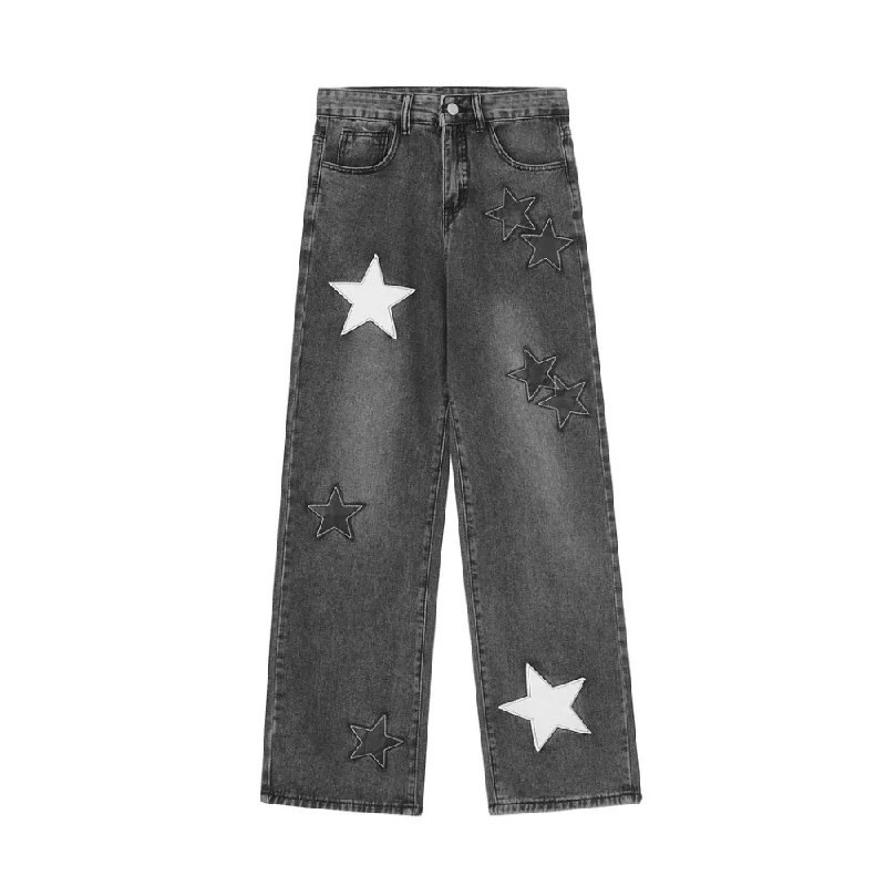 women's mid-rise denim jeansVintage Street Star Patchwork Straight Jeans