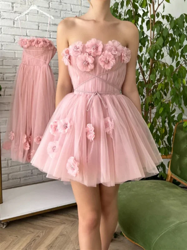 mermaid party dressesStrapless Short Pink Tulle Prom Dresses with 3D Flowers, Pink Floral Homecoming Dresses, Short Pink Formal Evening Dresses SP2497