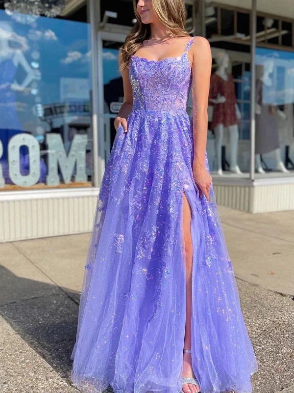 maximalist party dressesOpen Back Lavender Lace Long Prom Dresses with Sequins, Lavender Lace Formal Dresses, Lavender Evening Dresses with High Slit SP2815