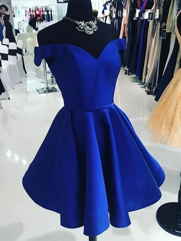 custom-made party dressesOff Shoulder Blue Satin Short Prom Dresses, Short Blue Homecoming Dresses, Blue Formal Evening Dresses SP2412