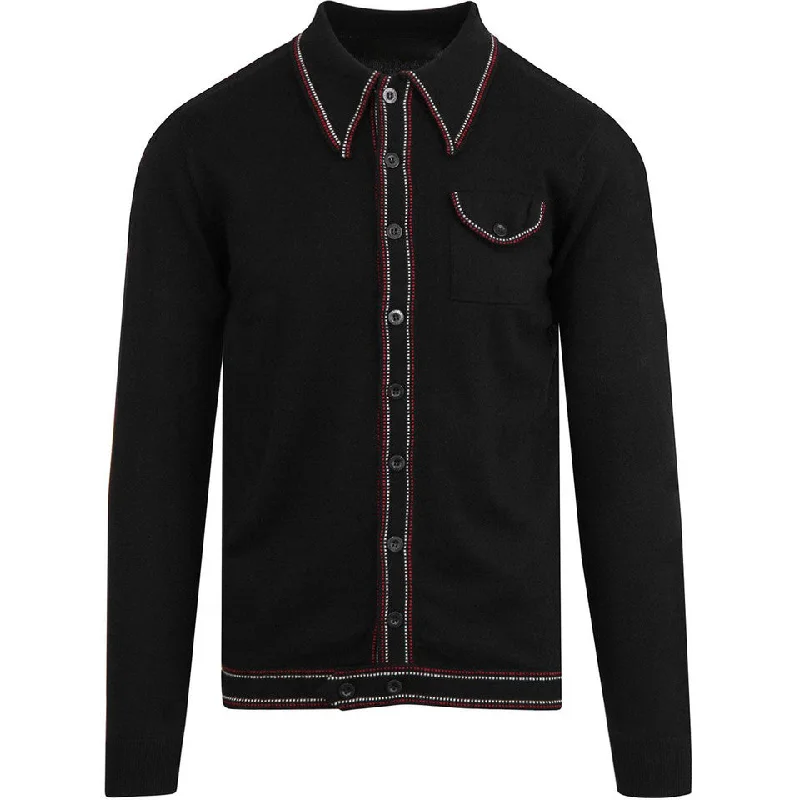 women's long sleeve tops with bohemian vibesMen's Black Long Sleeve Knitted Polo With Crawdaddy Collar & Bottom