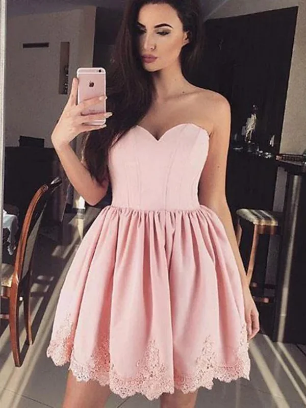 winter party dresses (with tights)Strapless Sweetheart Neck Pink Lace Prom Dresses, Short Pink Homecoming Dresses, Pink Lace Formal Evening Dresses SP2474