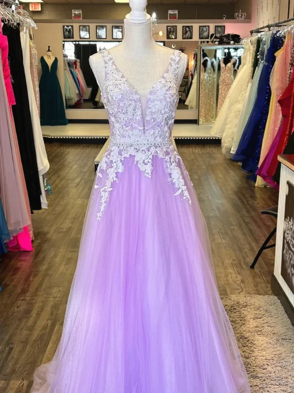 lace party dressesA Line V Neck Open Back Lace Lilac Tulle Long Prom Dresses, Long Lilac Formal Graduation Evening Dresses SP2860