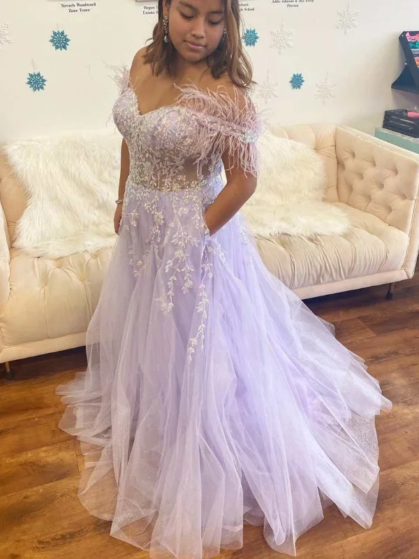 metallic party dressesOff Shoulder Purple Lace Long Prom Dresses, Off the Shoulder Lilac Formal Dresses, Purple Evening Dresses SP2674