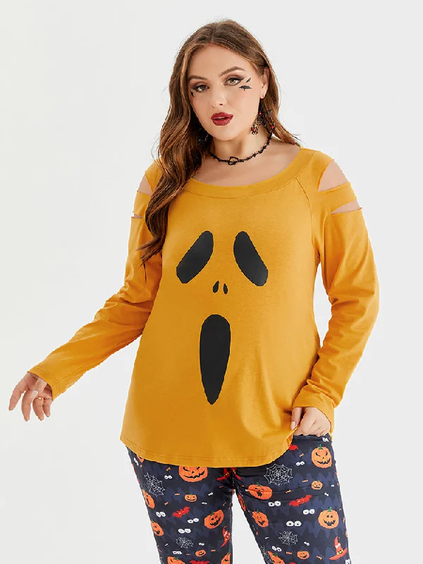 women's T-shirts with long sleevesHalloween Print Cut Out Raglan Sleeve Tee