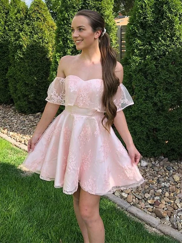 plus-size party dressesOff the Shoulder Pink Lace Short Prom Dresses, Off Shoulder Pink Homecoming Dresses, Pink Lace Formal Evening Dresses SP2094