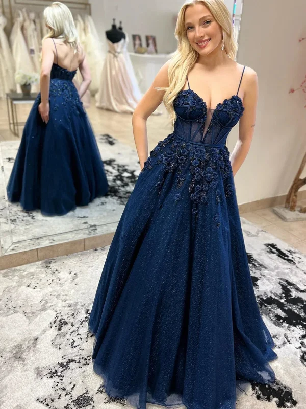 velvet party dressesA Line V Neck Open Back Navy Blue Floral Long Prom Dresses, Long Navy Blue Formal Evening Dresses with 3D Flowers SP2801