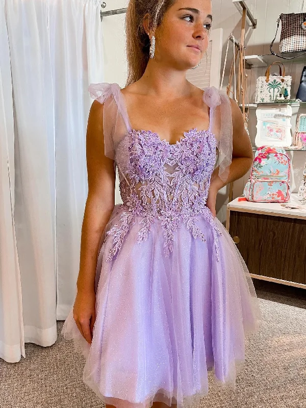 midi party dressesSweetheart Neck Purple Lace Prom Dresses, Lilac Lace Homecoming Dresses, Short Purple Formal Evening Dresses SP2684