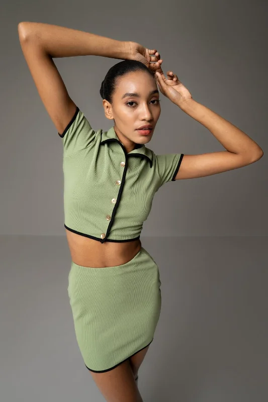 women's affordable velvet skirtsSAGE GREEN BUTTON UP TOP AND SKIRT CO-ORD SET