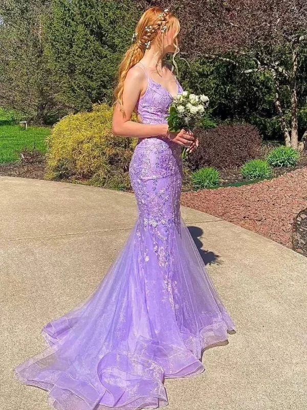 statement-making party dressesV Neck Backless Mermaid Purple Lace Long Prom Dresses, Mermaid Purple Formal Dresses, Purple Lace Evening Dresses SP2867