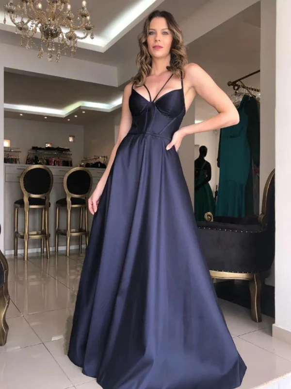 chiffon party dressesSimple V Neck Dark Blue Satin Long Prom Dresses, Open Back Blue Formal Graduation Evening Dresses SP2847