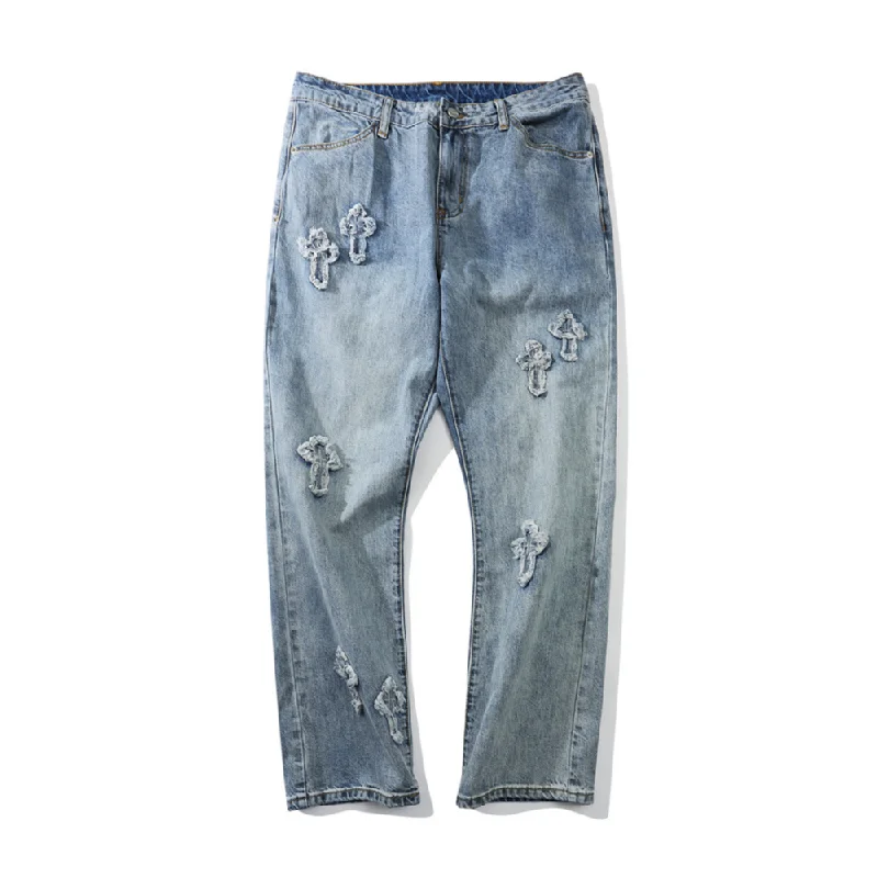 women's denim jeans with floral embroideryRetro High Street Cross Embroidery Jeans