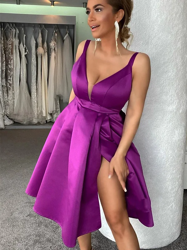 winter party dresses (with tights)V Neck Purple Short Prom Homecoming Dresses with High Slit, Short Purple Formal Graduation Evening Dresses SP2426