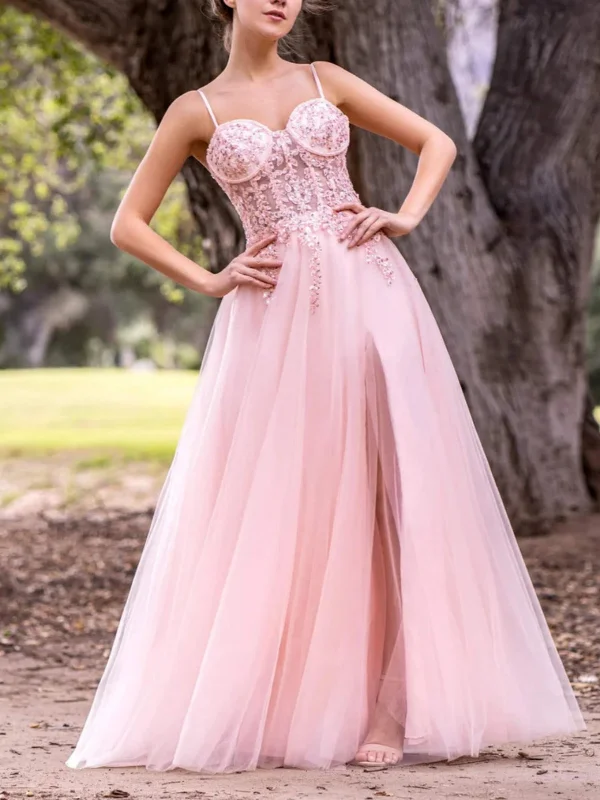 peplum party dressesSweetheart Neck Pink Lace Long Prom Dresses with High Slit, Pink Lace Formal Graduation Evening Dresses SP2754