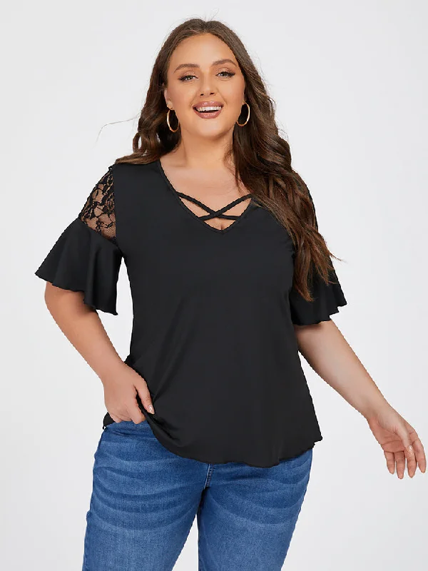 trendy women's T-shirtsCut Out Lace Patchwork Sleeve Tee