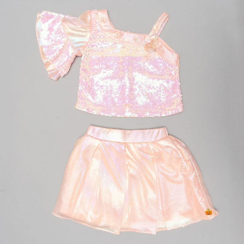 women's breathable cocktail skirtsPeach Sequin Skirt & Top for Kids