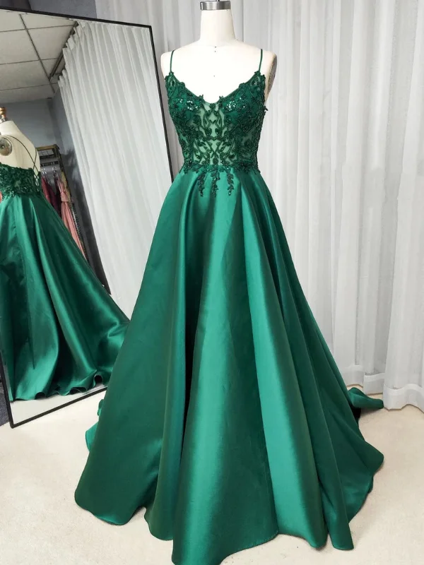 mermaid party dressesV Neck Open Back Green Lace Long Prom Dresses, Green Lace Formal Graduation Evening Dresses SP2763