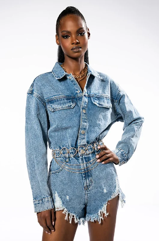 women's long sleeve tops with round necksON A ROLL DENIM LONG SLEEVE ROMPER