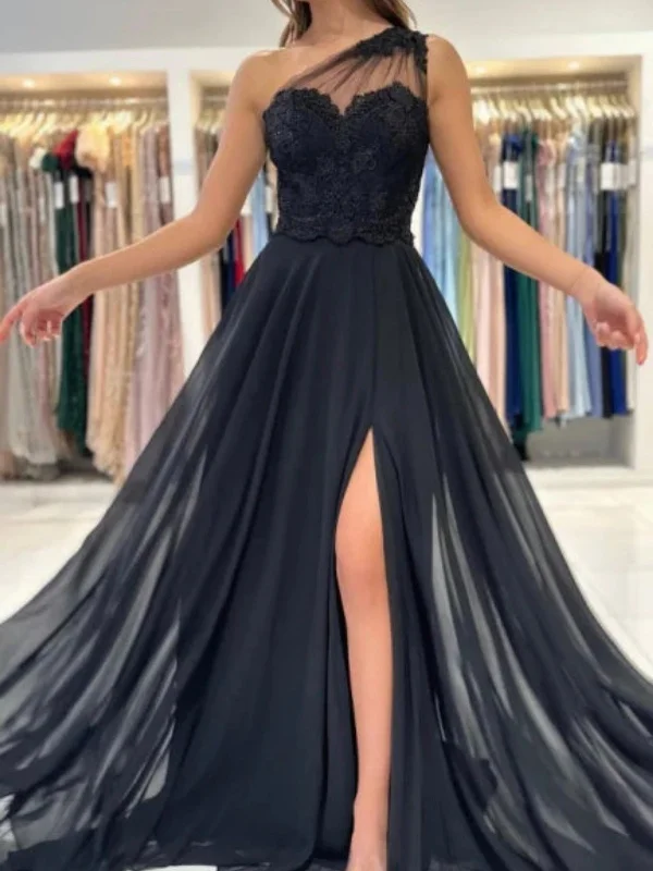 semi-formal party dressesOne Shoulder Black Lace Long Prom Dresses with High Slit, Black Lace Formal Dresses, Black Evening Dresses SP2724