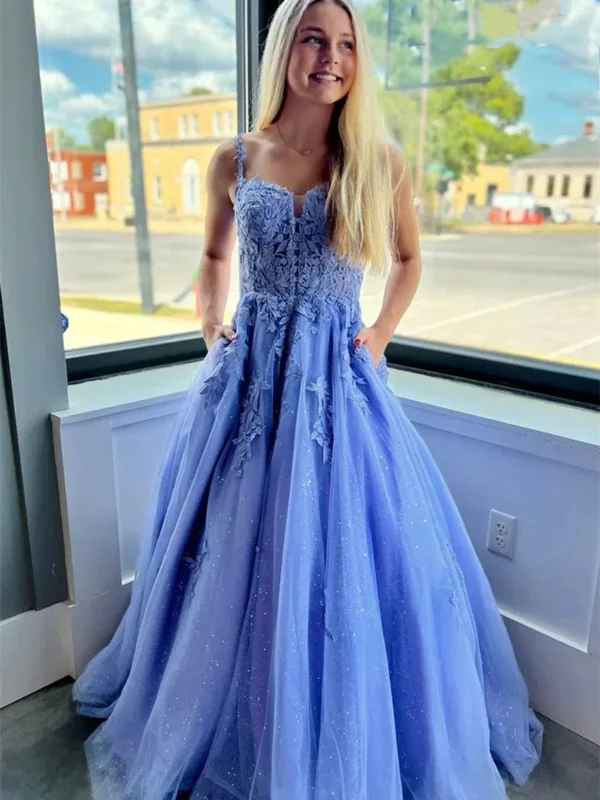 sustainable party dressesOpen Back Blue Lace Long Prom Dresses with Pocket, Blue Lace Formal Dresses, Long Blue Evening Dresses SP2809