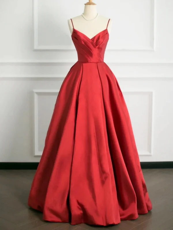 maxi party dressesA Line V Neck Open Back Red Satin Long Prom Dresses, Long Red Formal Graduation Evening Dresses SP2866