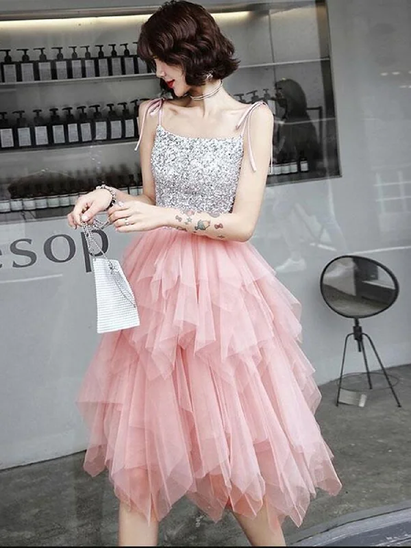 A-line party dressesPretty Sequins Pink Tulle Short Prom Dresses, Layered Pink Tulle Homecoming Dresses, Pink Formal Evening Dresses SP2234