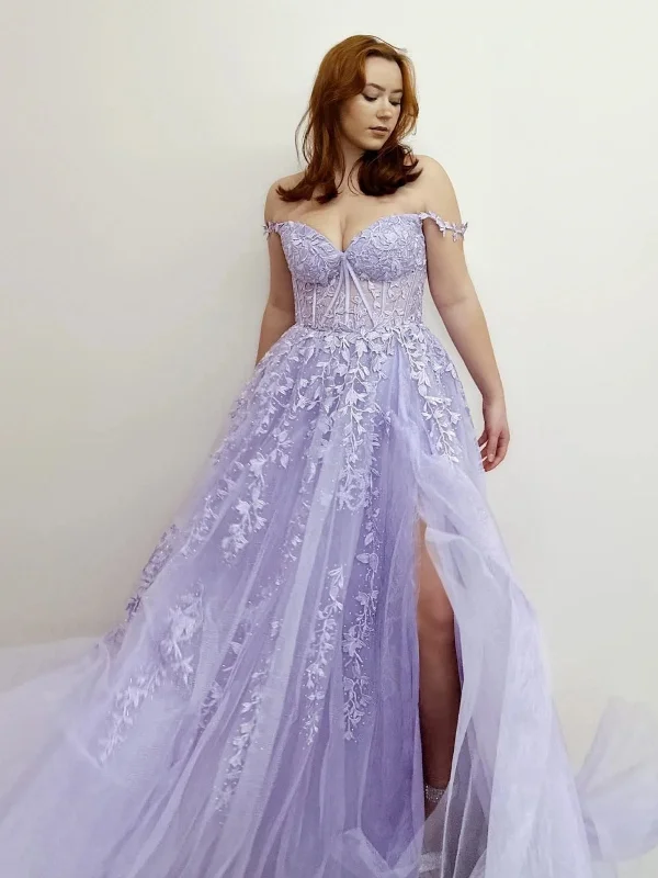 high-low party dressesOff Shoulder Purple Lace Long Prom Dresses with High Slit, Purple Lace Formal Dresses, Purple Evening Dresses SP2641