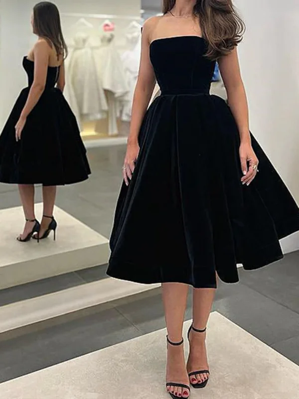 custom-made party dressesStrapless Tea Length Black Velvet Prom Dresses, Black Velvet Homecoming Dresses, Black Formal Evening Dresses SP2461