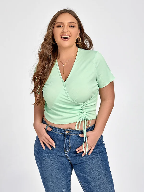 women's T-shirts with plus-size optionsPlus Green Crisscross Drawstring Tee