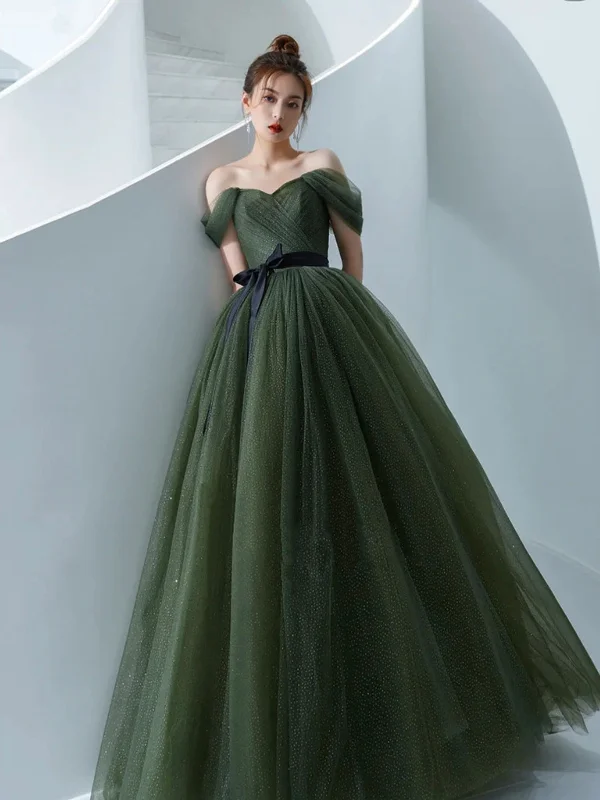 plus-size party dressesOff the Shoulder Dark Green Tulle Long Prom Dresses, Dark Green Formal Graduation Evening Dresses SP2794