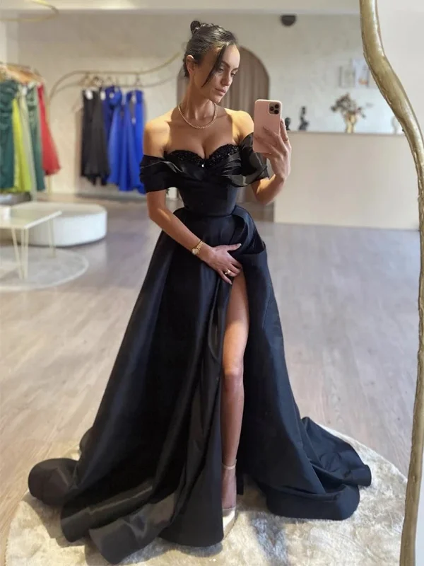 minimalist party dressesOff Shoulder Black Satin Long Prom Dresses with High Slit, Black Formal Dresses with Sequins Top, Black Evening Dresses SP2834